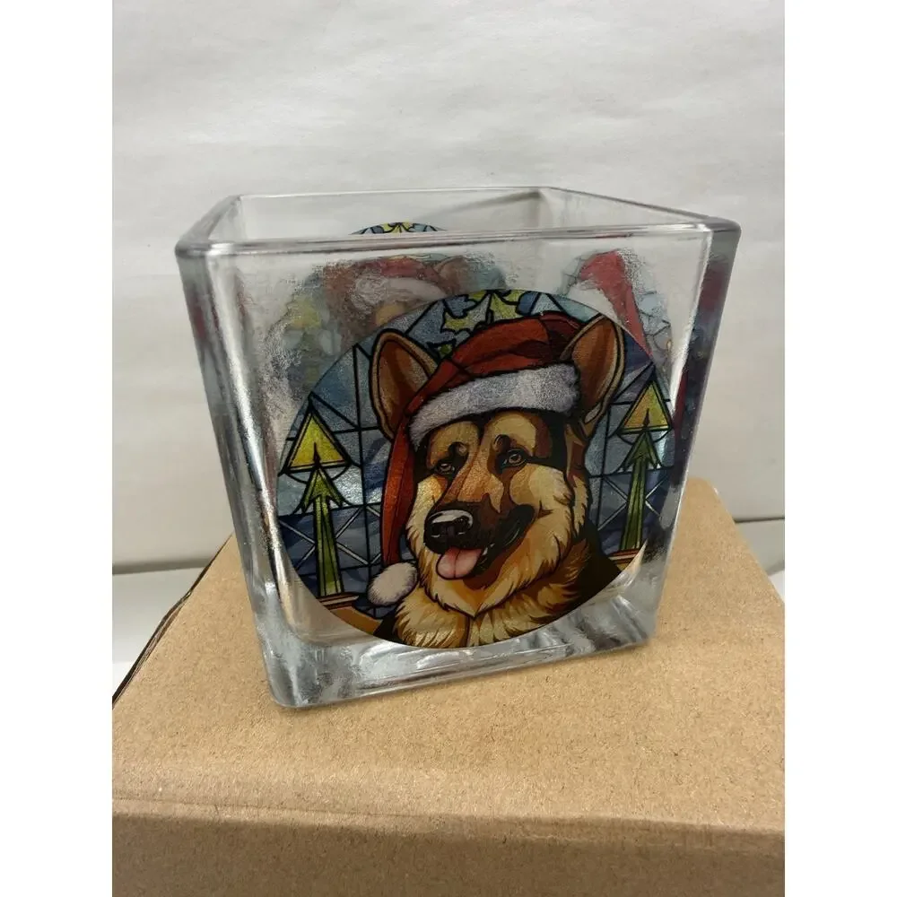 Stained Glass Styled Square Tealight Holder- Christmas Hat Dog, Real Glass Cup..